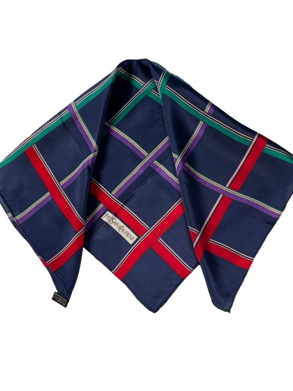 Yves Saint Laurent Vintage Silk Scarf Navy Plaid Tartan 22" Square Rolled Hem